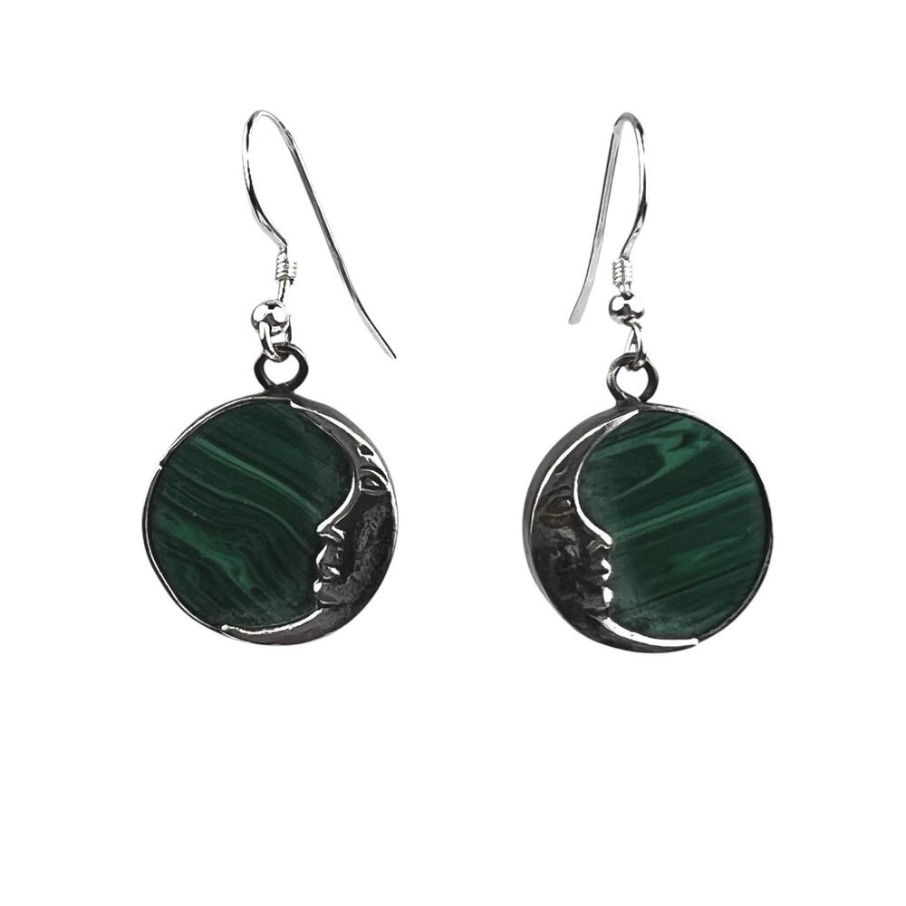 Vintage Moon Malachite Sterling Silver Hook Pierced Earrings